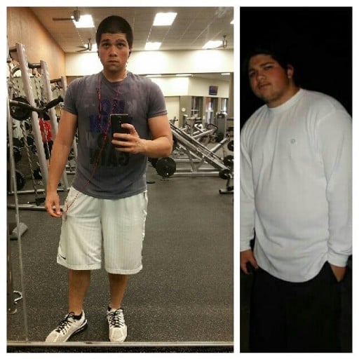 A photo of a 6'0" man showing a weight cut from 298 pounds to 218 pounds. A total loss of 80 pounds.