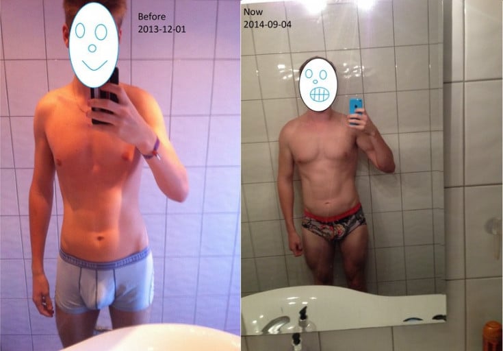A progress pic of a 6'0" man showing a muscle gain from 161 pounds to 174 pounds. A respectable gain of 13 pounds.