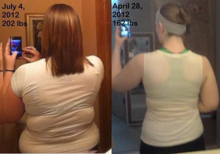 A before and after photo of a 5'5" female showing a weight reduction from 202 pounds to 162 pounds. A net loss of 40 pounds.