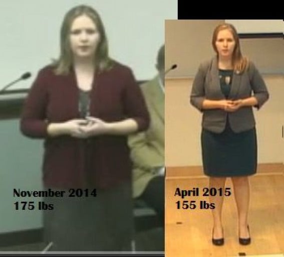 A picture of a 5'3" female showing a weight loss from 175 pounds to 155 pounds. A respectable loss of 20 pounds.