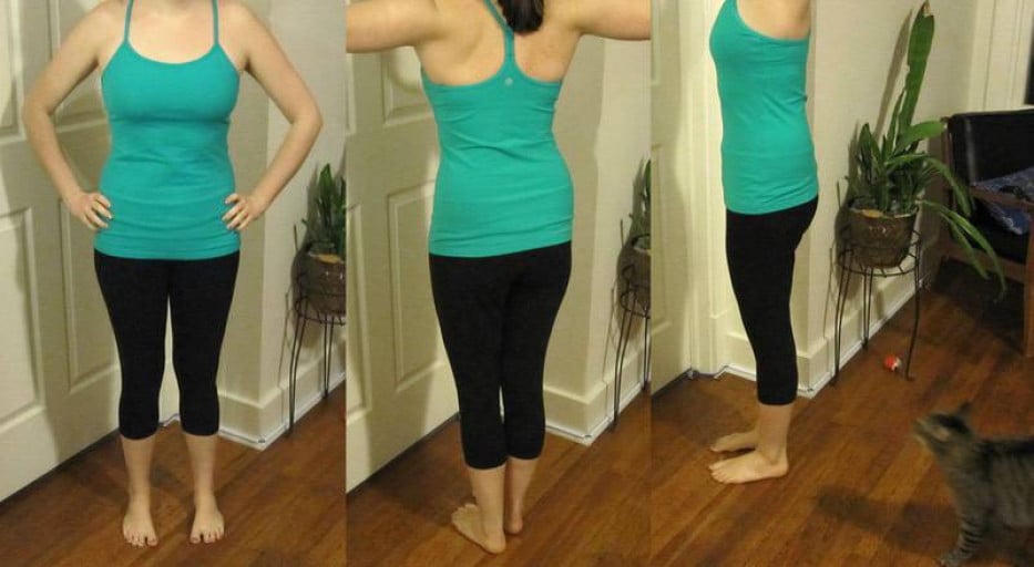 A photo of a 5'4" woman showing a weight reduction from 155 pounds to 124 pounds. A net loss of 31 pounds.
