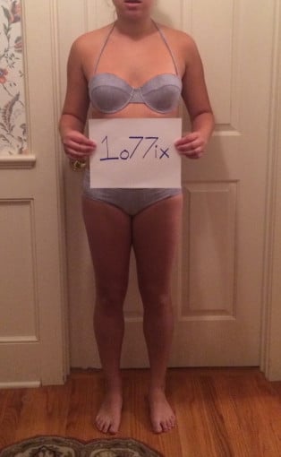 A progress pic of a 5'6" woman showing a snapshot of 150 pounds at a height of 5'6