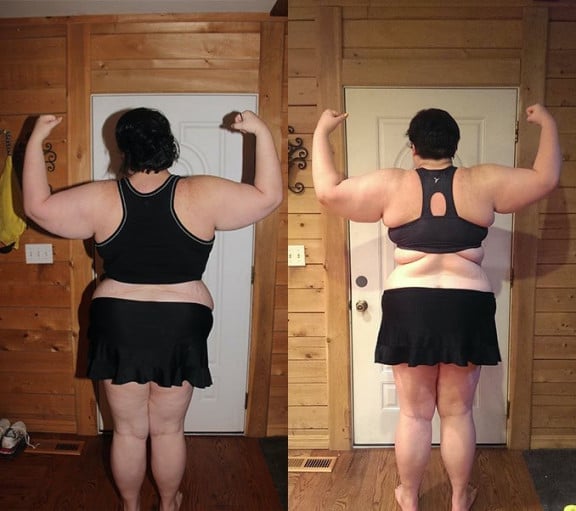 A before and after photo of a 5'11" female showing a snapshot of 350 pounds at a height of 5'11