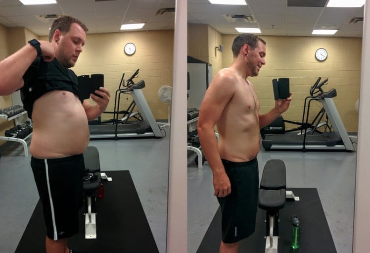 A before and after photo of a 5'11" male showing a weight cut from 250 pounds to 188 pounds. A total loss of 62 pounds.