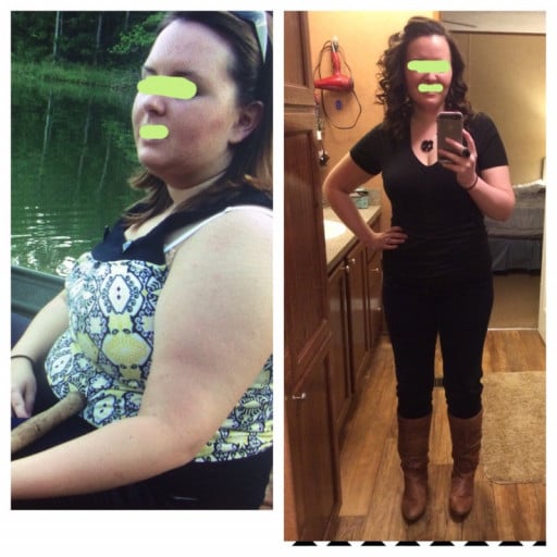 A picture of a 5'5" female showing a weight loss from 230 pounds to 158 pounds. A net loss of 72 pounds.