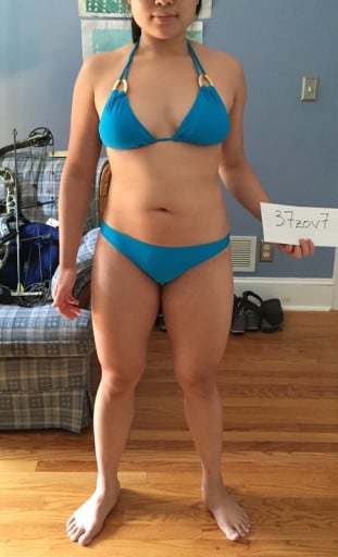 A before and after photo of a 5'4" female showing a snapshot of 139 pounds at a height of 5'4