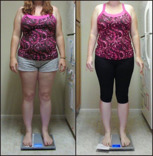 A photo of a 5'6" woman showing a weight cut from 197 pounds to 181 pounds. A net loss of 16 pounds.
