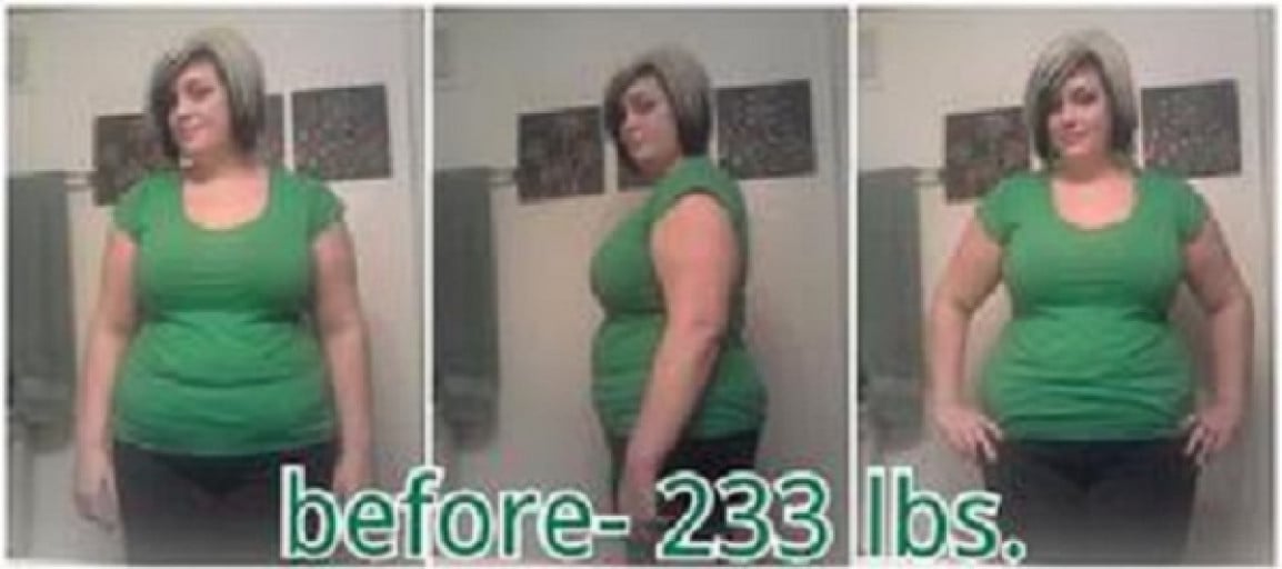 A before and after photo of a 5'5" female showing a weight gain from 189 pounds to 220 pounds. A respectable gain of 31 pounds.