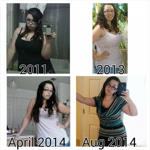 A picture of a 5'8" female showing a weight loss from 260 pounds to 200 pounds. A net loss of 60 pounds.