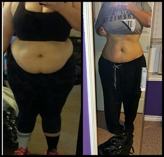 A progress pic of a 5'3" woman showing a weight cut from 270 pounds to 225 pounds. A respectable loss of 45 pounds.