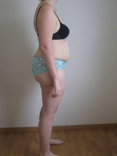 A before and after photo of a 5'8" female showing a snapshot of 195 pounds at a height of 5'8