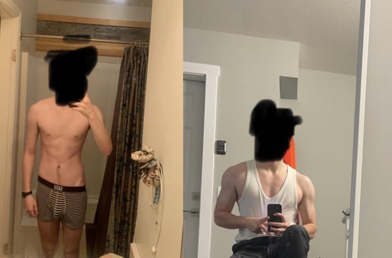 A progress pic of a 6'0" man showing a muscle gain from 135 pounds to 155 pounds. A total gain of 20 pounds.