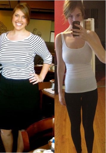 A before and after photo of a 6'0" female showing a weight loss from 225 pounds to 150 pounds. A net loss of 75 pounds.
