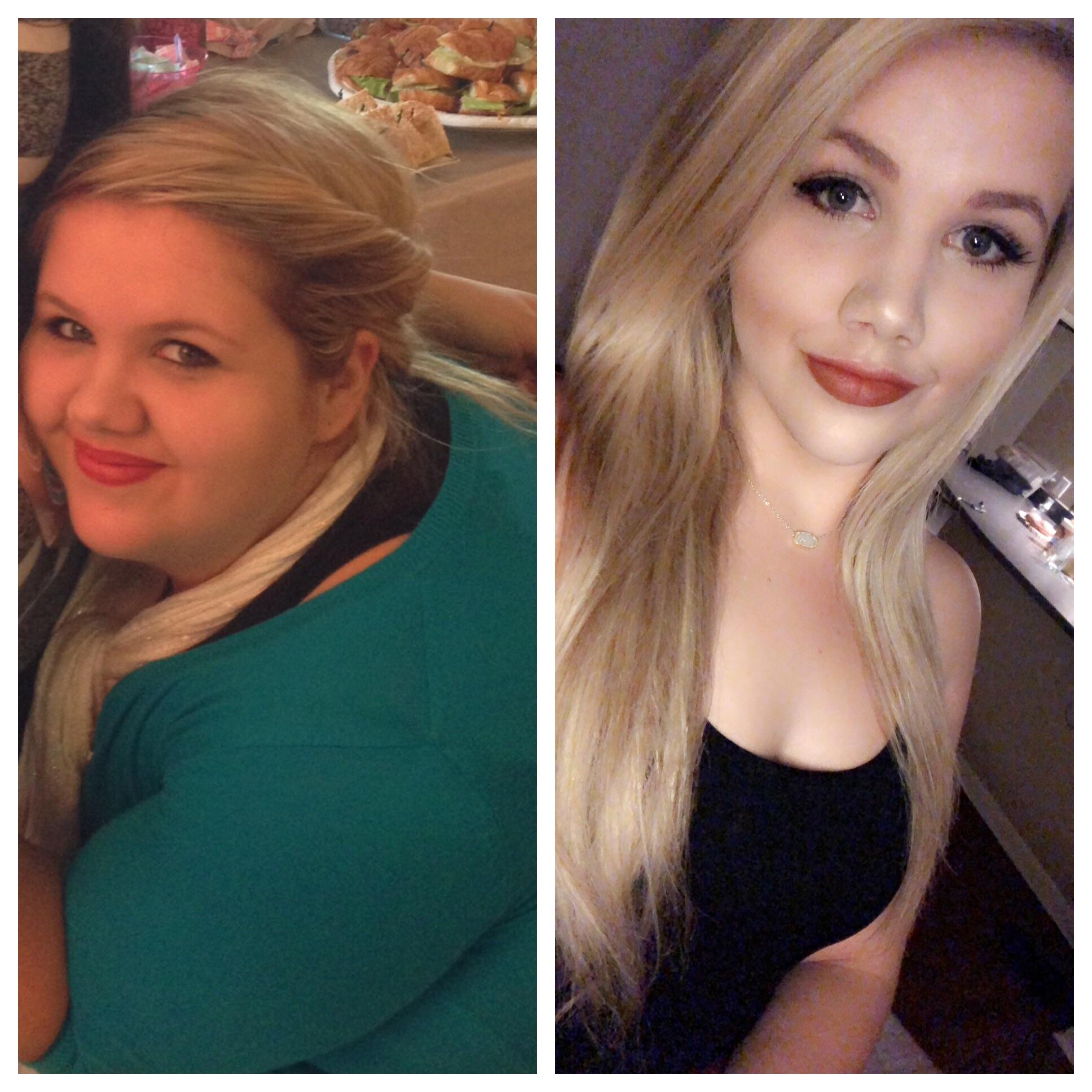 Before and After 101 lbs Weight Loss 5 foot 8 Female 270 lbs to 169 lbs.