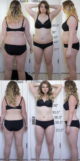 A picture of a 5'5" female showing a weight loss from 186 pounds to 155 pounds. A net loss of 31 pounds.