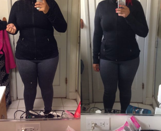 A picture of a 5'9" female showing a fat loss from 270 pounds to 218 pounds. A total loss of 52 pounds.