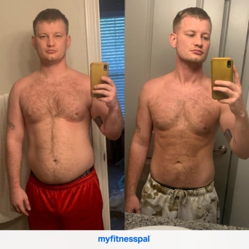 A picture of a 5'10" male showing a weight loss from 205 pounds to 165 pounds. A net loss of 40 pounds.