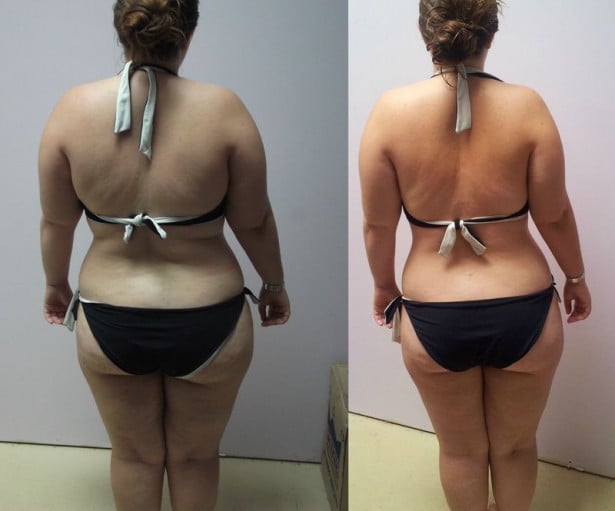 A progress pic of a 5'3" woman showing a weight cut from 220 pounds to 191 pounds. A total loss of 29 pounds.