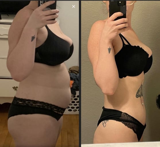 A before and after photo of a 5'3" female showing a weight reduction from 152 pounds to 128 pounds. A net loss of 24 pounds.