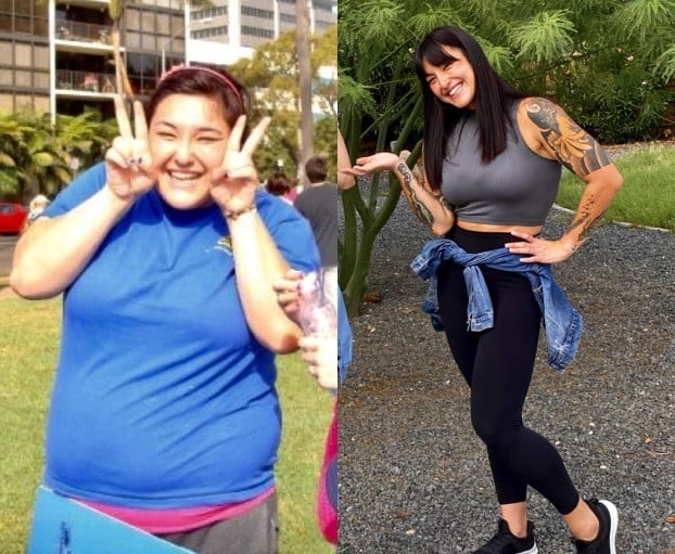 A picture of a 5'9" female showing a weight loss from 275 pounds to 167 pounds. A total loss of 108 pounds.