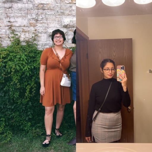 A progress pic of a 5'5" woman showing a fat loss from 198 pounds to 150 pounds. A respectable loss of 48 pounds.