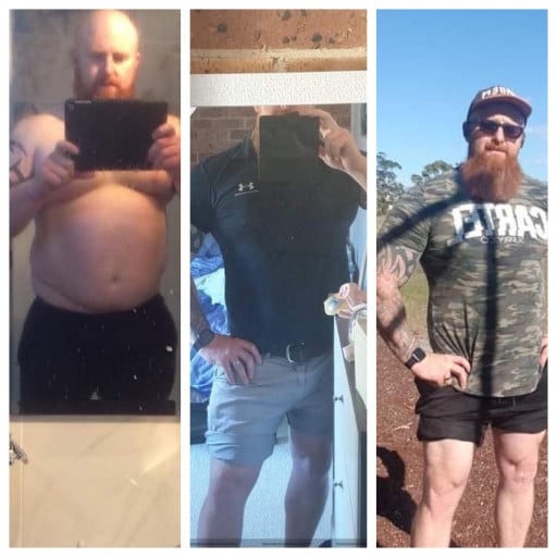 A progress pic of a 6'2" man showing a fat loss from 327 pounds to 265 pounds. A net loss of 62 pounds.