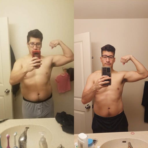 A progress pic of a 5'11" man showing a fat loss from 230 pounds to 195 pounds. A net loss of 35 pounds.