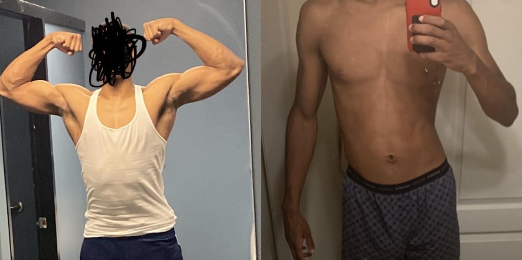 A before and after photo of a 6'3" male showing a weight bulk from 150 pounds to 190 pounds. A respectable gain of 40 pounds.