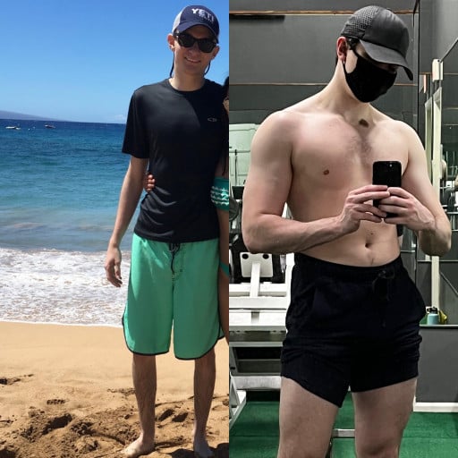 A before and after photo of a 6'3" male showing a muscle gain from 130 pounds to 190 pounds. A respectable gain of 60 pounds.