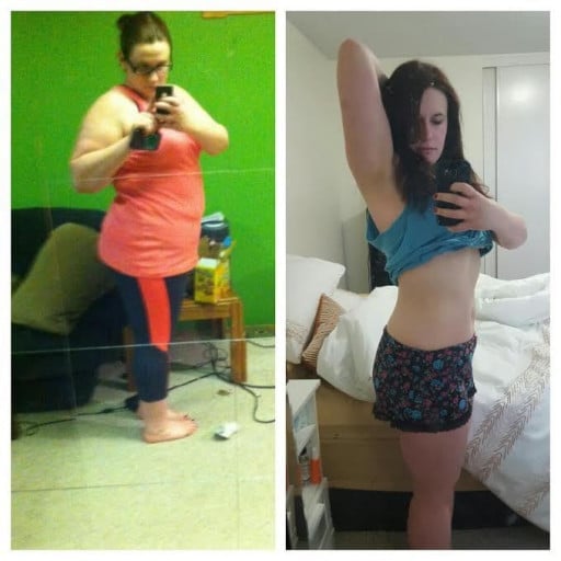 A before and after photo of a 5'5" female showing a weight reduction from 245 pounds to 175 pounds. A net loss of 70 pounds.