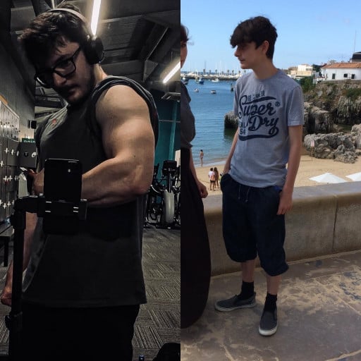 A progress pic of a 5'9" man showing a muscle gain from 121 pounds to 163 pounds. A net gain of 42 pounds.