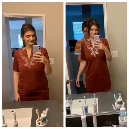 A before and after photo of a 5'6" female showing a weight reduction from 170 pounds to 150 pounds. A net loss of 20 pounds.