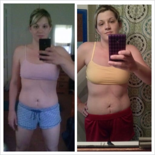 A progress pic of a 5'6" woman showing a fat loss from 176 pounds to 144 pounds. A respectable loss of 32 pounds.