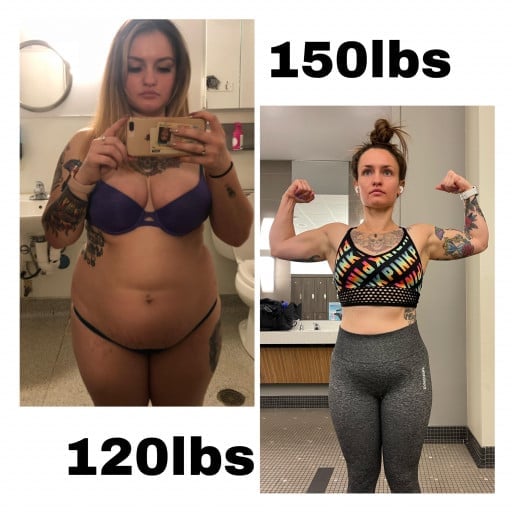 A progress pic of a 4'11" woman showing a fat loss from 150 pounds to 120 pounds. A net loss of 30 pounds.