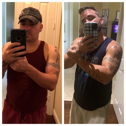 A progress pic of a 5'7" man showing a fat loss from 198 pounds to 178 pounds. A respectable loss of 20 pounds.