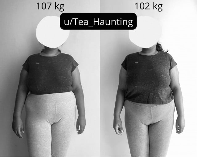 A before and after photo of a 5'4" female showing a weight reduction from 236 pounds to 225 pounds. A respectable loss of 11 pounds.
