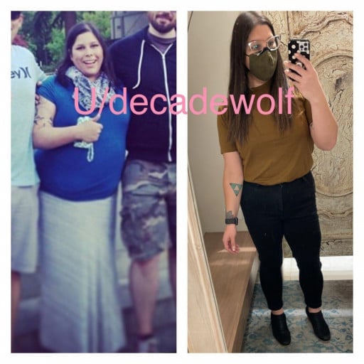 A progress pic of a 5'5" woman showing a fat loss from 275 pounds to 189 pounds. A net loss of 86 pounds.