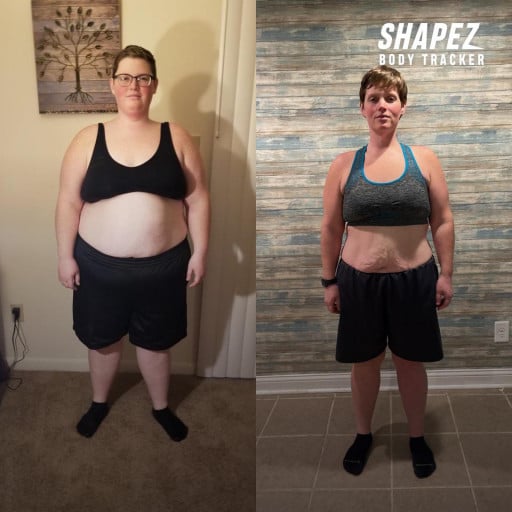 A progress pic of a 5'6" woman showing a fat loss from 308 pounds to 195 pounds. A net loss of 113 pounds.