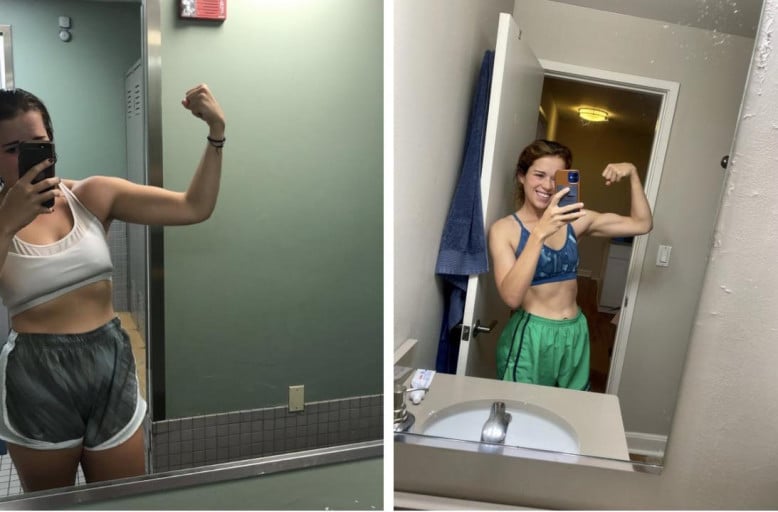 A photo of a 5'6" woman showing a weight cut from 150 pounds to 120 pounds. A total loss of 30 pounds.