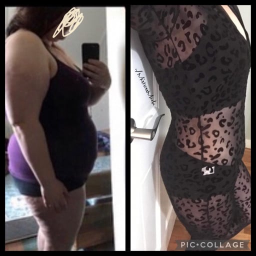 A progress pic of a 5'6" woman showing a fat loss from 297 pounds to 155 pounds. A net loss of 142 pounds.