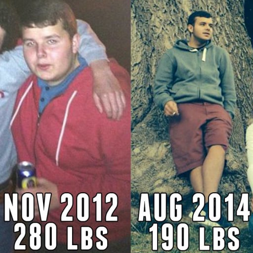 A photo of a 5'10" man showing a weight cut from 280 pounds to 190 pounds. A net loss of 90 pounds.