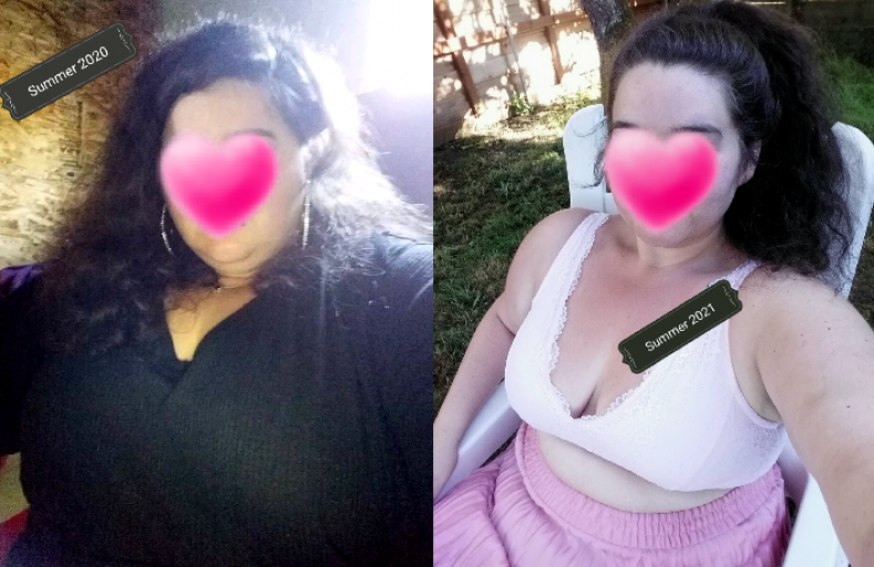 A progress pic of a 5'1" woman showing a fat loss from 293 pounds to 185 pounds. A net loss of 108 pounds.