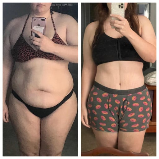 A progress pic of a 5'6" woman showing a fat loss from 285 pounds to 180 pounds. A respectable loss of 105 pounds.