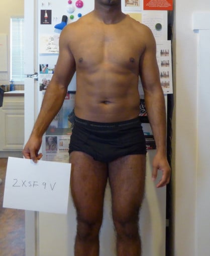 A before and after photo of a 5'7" male showing a snapshot of 145 pounds at a height of 5'7