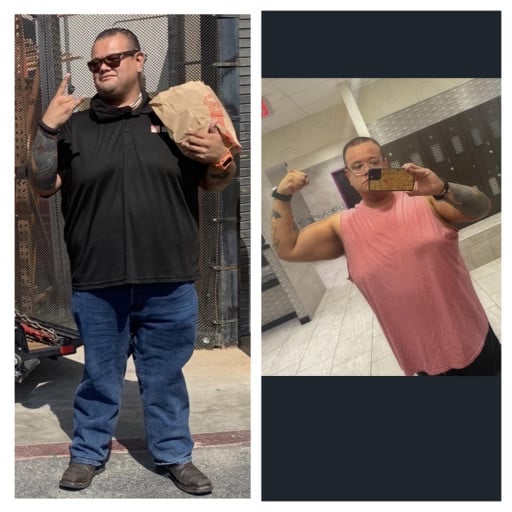 A photo of a 6'1" man showing a weight cut from 376 pounds to 320 pounds. A net loss of 56 pounds.