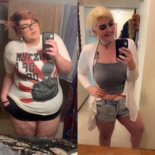 A progress pic of a 5'11" woman showing a fat loss from 330 pounds to 230 pounds. A net loss of 100 pounds.