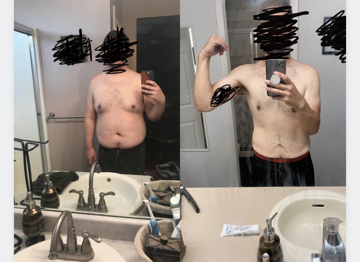 Before and After 80 lbs Fat Loss 5 feet 10 Male 260 lbs to 180 lbs