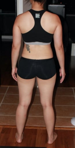 A photo of a 5'1" woman showing a snapshot of 123 pounds at a height of 5'1