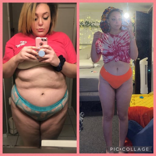 A before and after photo of a 6'0" female showing a weight reduction from 285 pounds to 190 pounds. A total loss of 95 pounds.