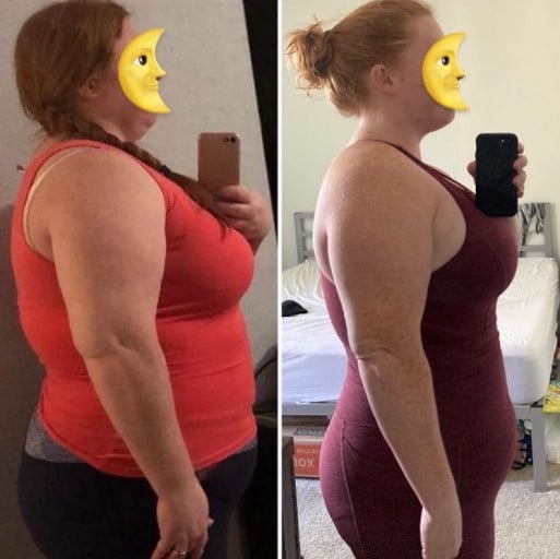 A progress pic of a 5'5" woman showing a fat loss from 280 pounds to 199 pounds. A respectable loss of 81 pounds.